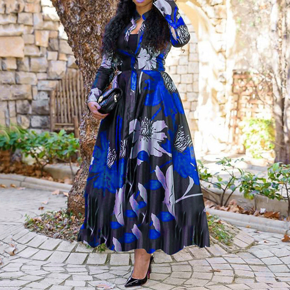 Navy Blue Red Plus Size African Ankara Print Long Shirt Dress With