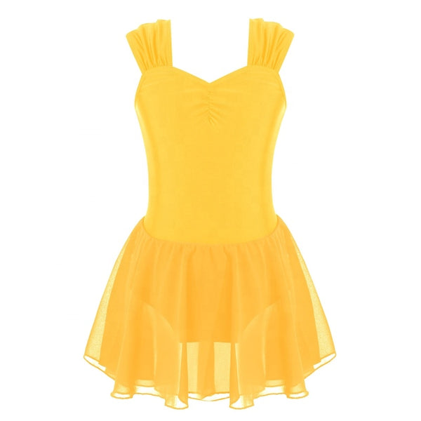 Kids Girls Spandex Chiffon Dance Clothing Sleeveless Ruched V Neckline Performance Dance Leotards Dress