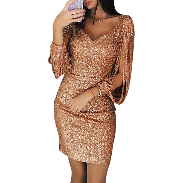 GV Womens' Sequin Club Dresses Sexy Clothing V Neck Girls Party Dress Tassel Sleeves Evening Dresses