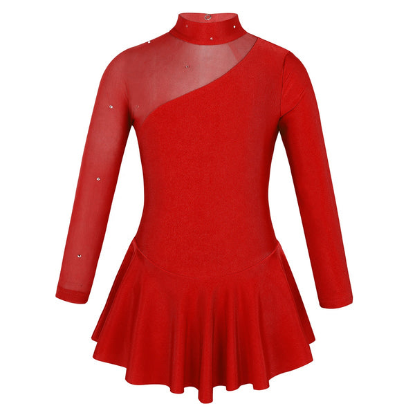 Kids Girls Long Sleeves Mock Neck Tulle Splice Ballet Dance Skating Gymnastics Leotard Dress