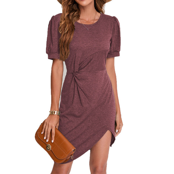 Womens Clothing Summer Fashion Solid Color Short Sleeve Slim Dress Casual O Neck Knot Irregular Short Dresses