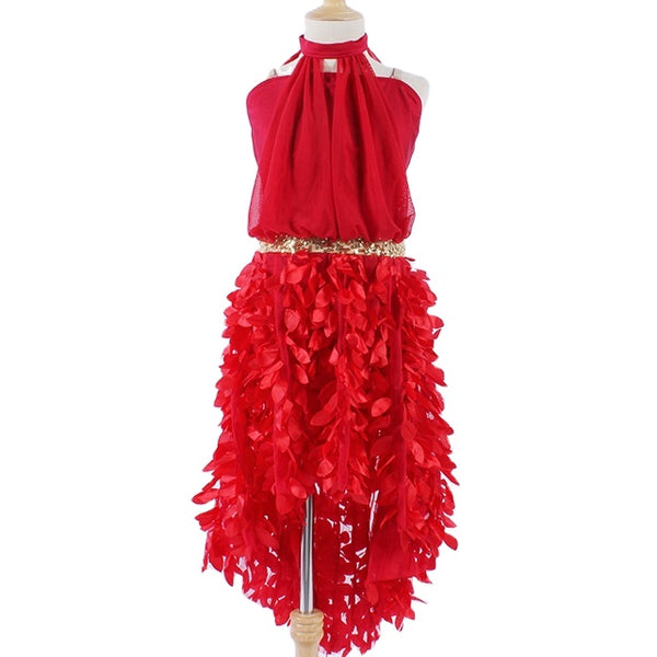 In Stock Red Sleeveless Girls' Dresses Kid Ballroom Latin Fring Solid Color Dancewear For Girls