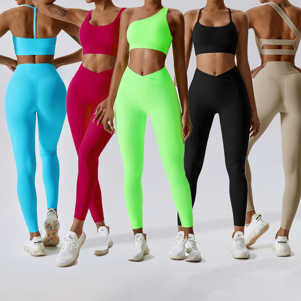 YIYI 2023 Ribbed Fabrics Cross Waist Leggings Sets For Women Multi-Design Tops Workout Suits Girls Quick Dry Women Fitness Sets