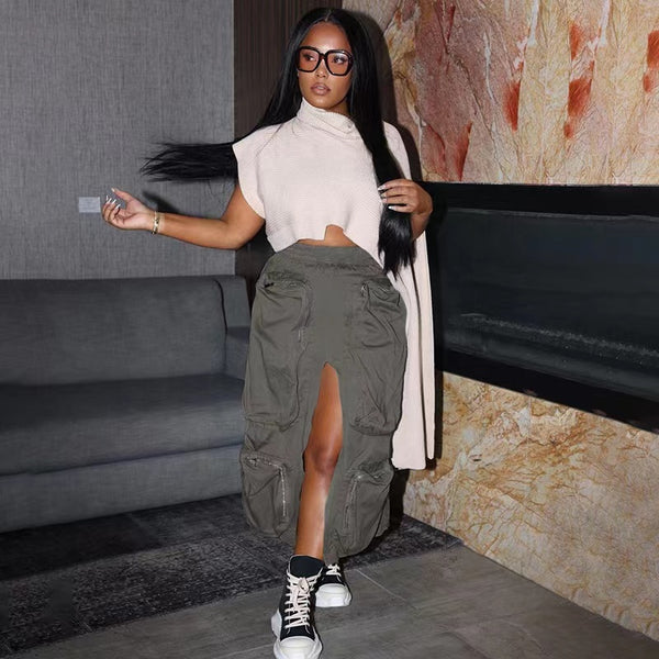 ZHEZHE Harajuku streetwear cargo long skirt with pockets high split cyber y2k women clothing baggy casual women's skirt