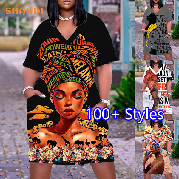 Summer Loose Dress For Women V Neck 3D Printing African Girl Bohemian Plus Size Gothic Printing Midi Casual Dress